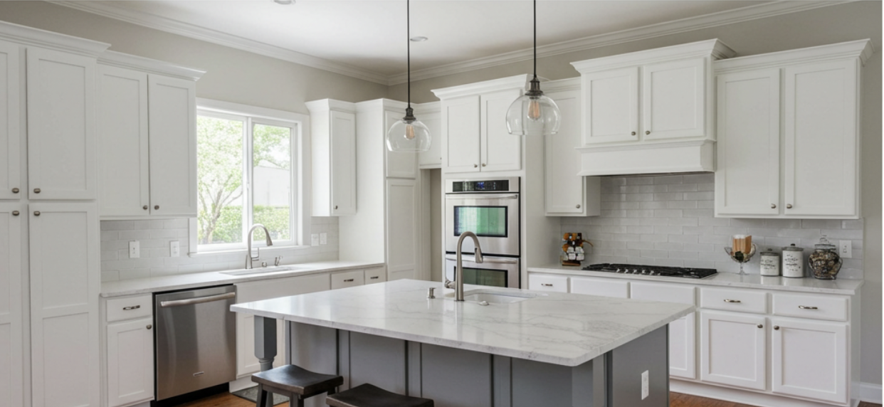 Bright white kitchen with shaker-style cabinets and quartz countertops